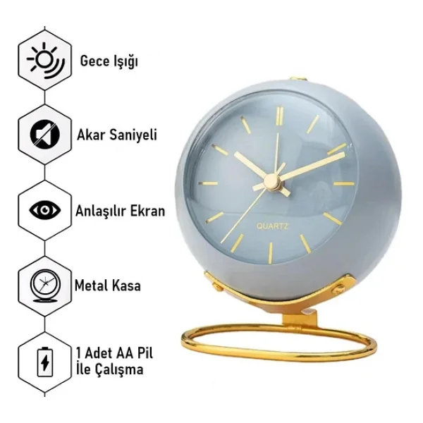 Valkyrie Akar Saniyeli Işıklı Metal Gold Dijital Masa Saati Alarmlı Mavi - Görsel 6