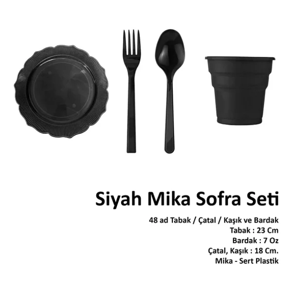 Omeyva 23 Cm. Mika Siyah Şık Parti Piknik Seti - 48 Kişilik Tabak Bardak Çatal Kaşık Takımı - Görsel 4