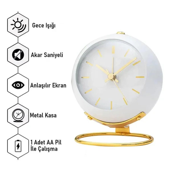Valkyrie Akar Saniyeli Işıklı Metal Gold Dijital Masa Saati Alarmlı Beyaz - Görsel 9