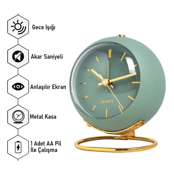 Valkyrie Akar Saniyeli Işıklı Metal Gold Dijital Masa Saati Alarmlı Yeşil - Görsel 7