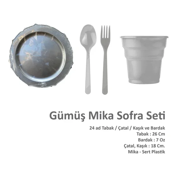 Omeyva 26 Cm. Mika Plastik Gümüş Sorfa Piknik Seti - 24 Kişilik Tabak Bardak Çatal Kaşık Takımı - Görsel 4