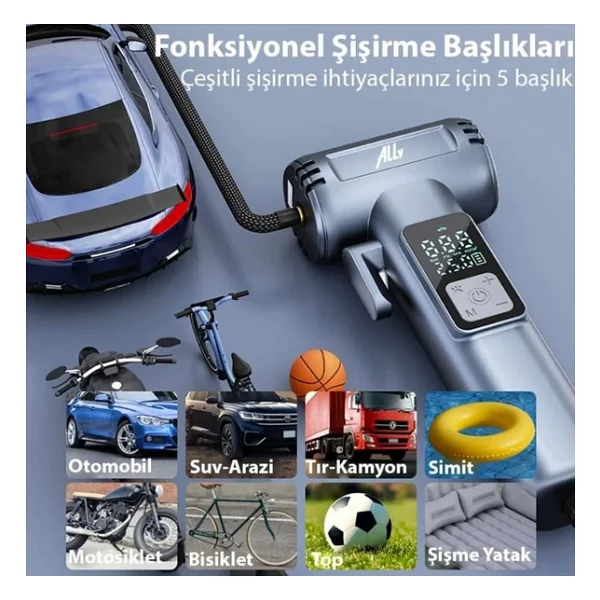 Ally St-5530 Dijital Şarjlı Araç Lastik Hava Şişirme Pompası Power Bank Penere Kırıcı - Görsel 3