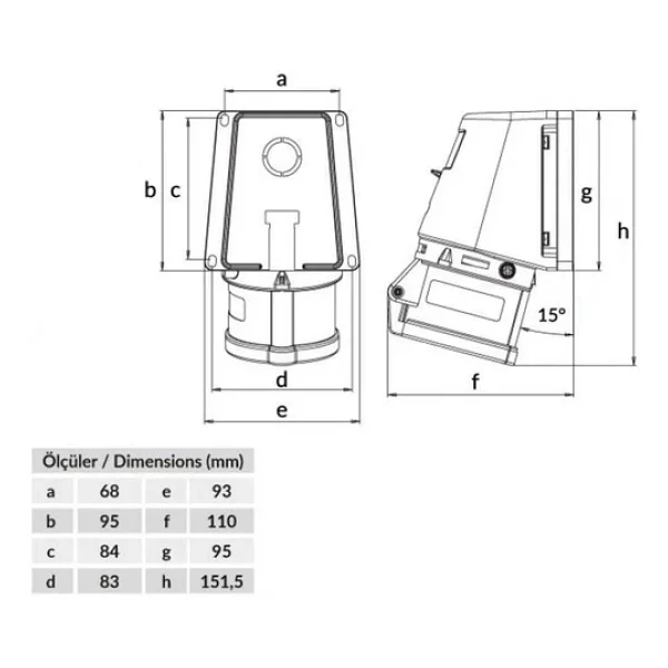 Bemis Bc1-1505-2535 5x16a 380v Ip44 Cee Norm 90 Derece Eğik Duvar Prizi - Görsel 3