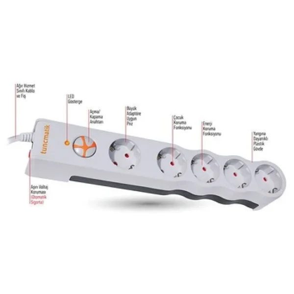 Tunçmatik Powersurge Tsk6134 1050 Joule Beyaz 1.5 M 5'li Akım Korumalı Priz - Görsel 2