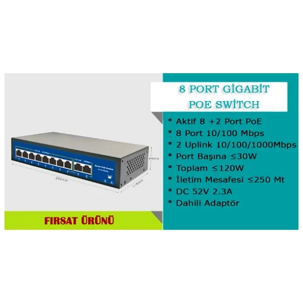 8 Port 10/100/1000mbps 8+2 Gigabit Poe Switch - Görsel 3