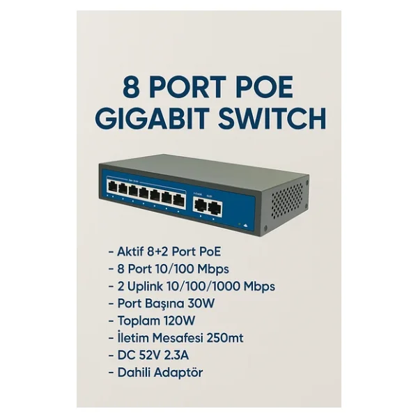 8 Port 10/100/1000mbps 8+2 Gigabit Poe Switch - Görsel 2