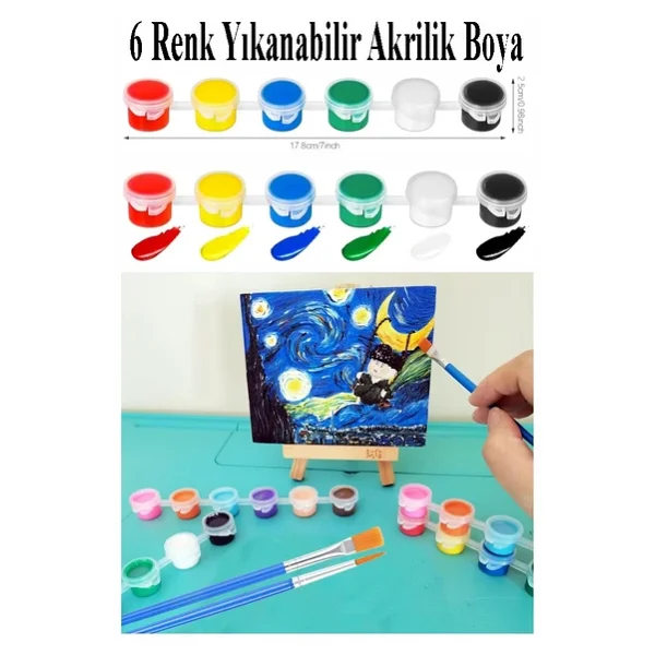 Mini Şövale 10x10 Cm Tuval 3 Ml Akrilik Boya 6 Renk Ve Fırça 4 Adet 10x10 Mini Tuval Masaüstü Küçük Şövale Boyama Seti - Görsel 2