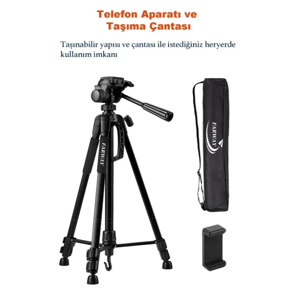 Farway Profesyonel Alüminyum Tripod 360° Ayarlanılabilir Panoramik Başlık Su Terazili Telefon Tutucu 175cm - Görsel 6