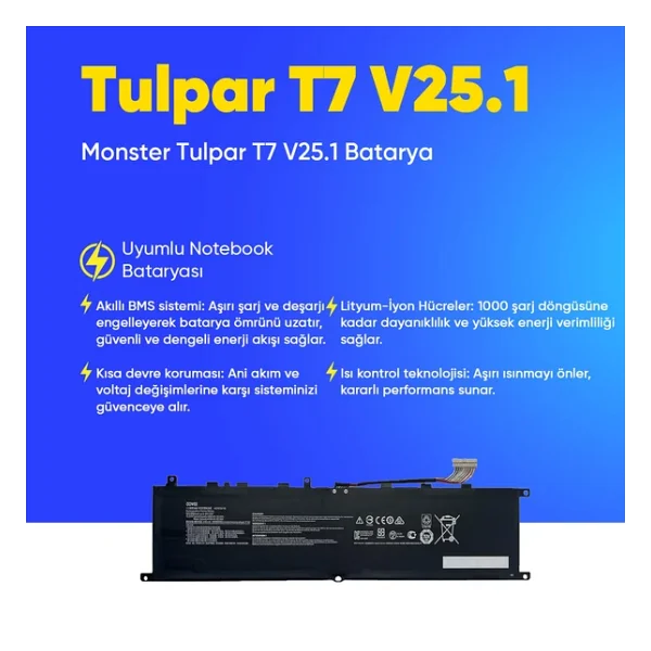 Monster Tulpar T7 V25.1 Batarya Pil Yüksek Performanslı, Uzun Ömürlü, Uyumlu Güç Kaynağı - Görsel 4