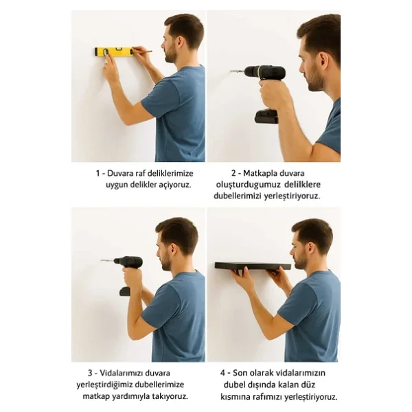 Yankı-Byeg 40 Cm 4lü Mat Beyaz Mdf Uçan Duvar Rafı Gizli Bağlantı Kitaplık - Görsel 3