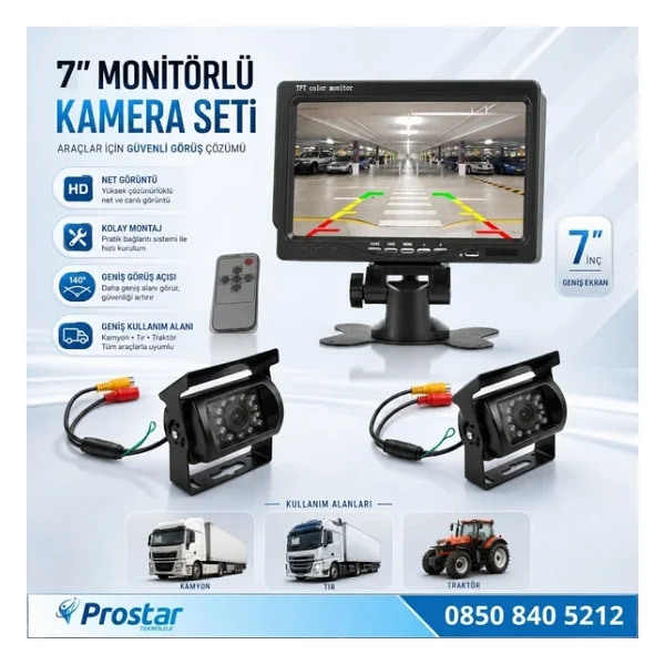 Kamyon Tır Traktör 2 Kameralı 7" Ekranlı Kamera Seti - Görsel 7