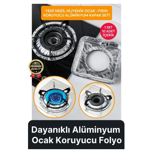 Çok Amaçlı Pratik Leke Önleyici Isıya Dayanıklı Yıkanabilir Alüminyum Ocak Koruyucu Folyo - 10 Adet - Görsel 3