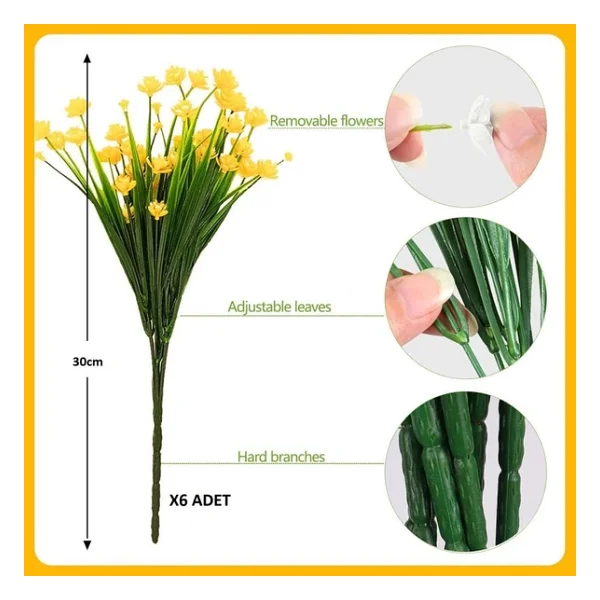 Nettenevime 6lı Set Yapay Çiçek Sazlı Lotus Sarı Renk 7 Dal Plastik 30cm - Görsel 2