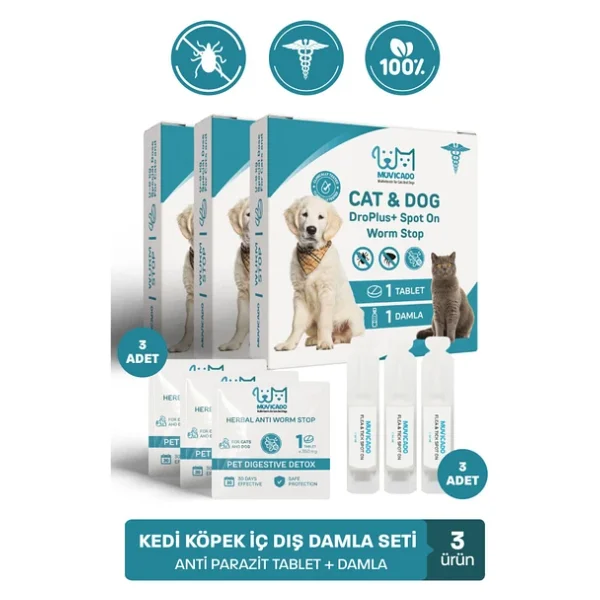 Muvicado Kedi Köpek Herbal Worm Stop Bitkisel Tablet 250 Mg+ Anti Spot On Bitkisel Damla 1 Ml Bit Pire Kene - Görsel 3