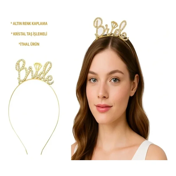 Nessiworld Altın Renkli Taşlı "Bride" Gelin Tacı - El Yazısı Yazı Tipiyle - Görsel 6