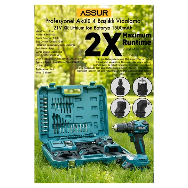 Assur 21v Çift Akülü 4 Başlıklı Kömürsüz Motor Şarjlı Matkap Vidalama - Görsel 7