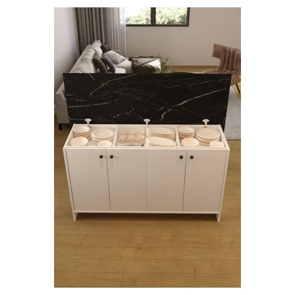 Aeka Ae-2080 Patentli Ayder Mutfak Adası Bar Masası Yemek Masası Dolaplı, Beyaz/S.Mermer Raflı,Çok Amaçlı - Görsel 3