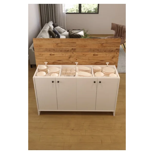 Aeka Ae-2080 Patentli Ayder Mutfak Adası Bar Masası Yemek Masası Dolaplı, Beyaz/Çam Raflı, Çok Amaçlı - Görsel 3