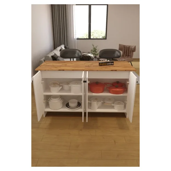 Aeka Ae-2080 Patentli Ayder Mutfak Adası Bar Masası Yemek Masası Dolaplı, Beyaz/Çam Raflı, Çok Amaçlı - Görsel 6