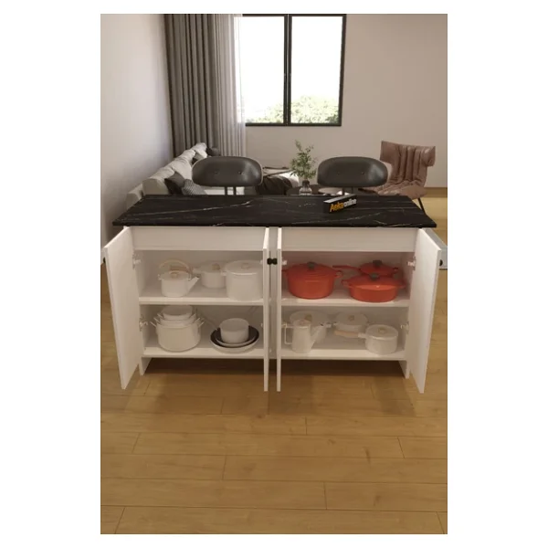 Aeka Ae-2080 Patentli Ayder Mutfak Adası Bar Masası Yemek Masası Dolaplı, Beyaz/S.Mermer Raflı,Çok Amaçlı - Görsel 4