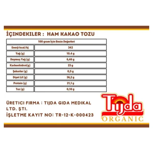Tijda Organik Ham Kakao Tozu Glütensiz - Vegan 1 Kg - Görsel 2
