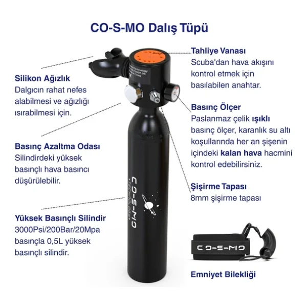 Cosmo Technology Taşınabilir Dalış Seti - Doldurulabilir Mini Tüp Ve Şnorkel Maskesi - Görsel 8
