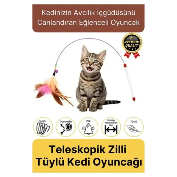 Özel Üretim Bükülebilir Elastik Çanlı Eğlenceli Teleskopik Zilli Tüylü Kedi Oyuncağı Oyun Oltası - Görsel 3