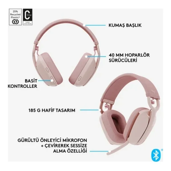 Logitech Zone Vibe 100 Bluetooth Çağrı Merkezi Kulaklığı Pembe - Görsel 9