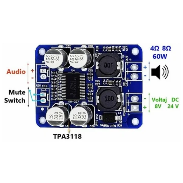 Aek-Tech Xh-M313 Tpa3118 Sop-16 Mono Dijital Güç Amplifikatörü Amplifier Board 30w 60w - Görsel 7