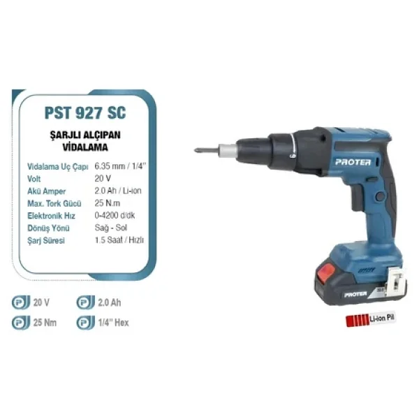 Proter Pst 927 Sc Çift Akü 2 Ah Alçıpan Vidalama Makinesi - Görsel 6