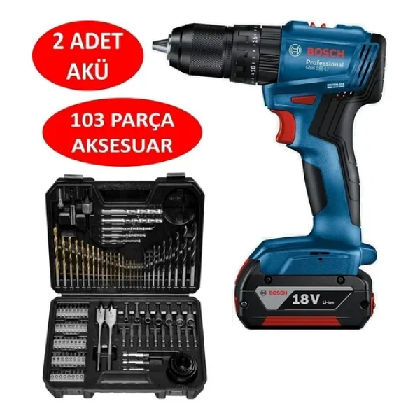 Bosch Gsb 185-Lı 2 X 2.0 Ah Çift Akülü Darbeli Matkap + 103 Parça V-Line Karışık Uç Seti - Görsel 3