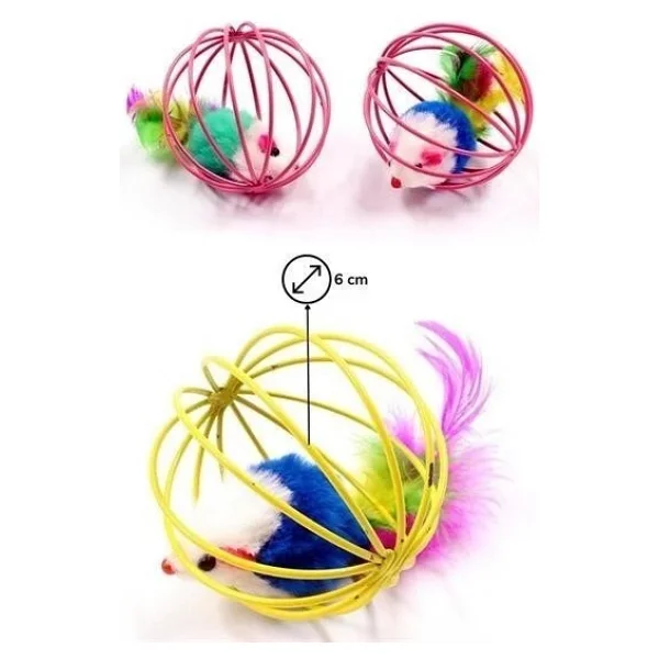 Buffer Renkli Metal Kafesli Peluş Fareli Kedi Köpek Oyuncağı Oyun Topu 6 Cm - Görsel 7