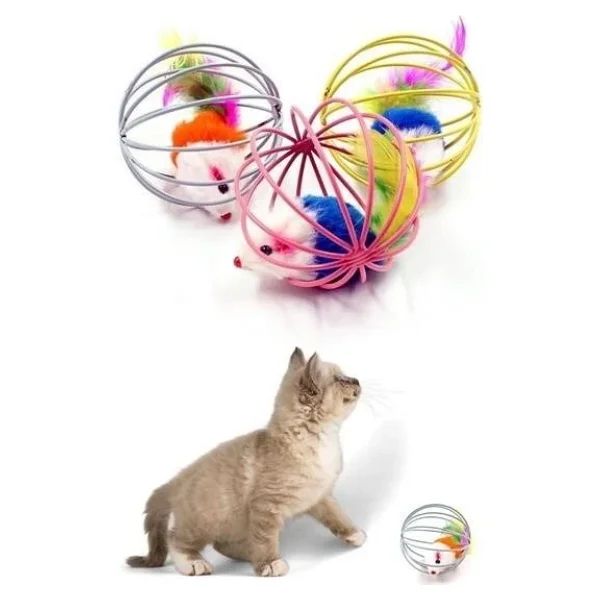 Buffer Renkli Metal Kafesli Peluş Fareli Kedi Köpek Oyuncağı Oyun Topu 6 Cm - Görsel 5
