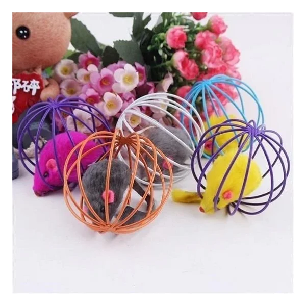 Buffer Renkli Metal Kafesli Peluş Fareli Kedi Köpek Oyuncağı Oyun Topu 6 Cm - Görsel 3