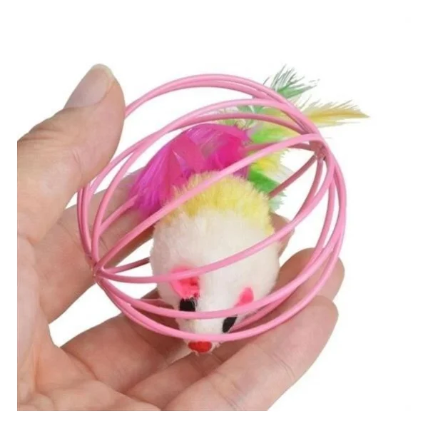 Buffer Renkli Metal Kafesli Peluş Fareli Kedi Köpek Oyuncağı Oyun Topu 6 Cm - Görsel 6