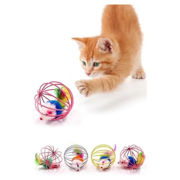Buffer Renkli Metal Kafesli Peluş Fareli Kedi Köpek Oyuncağı Oyun Topu 6 Cm - Görsel 8