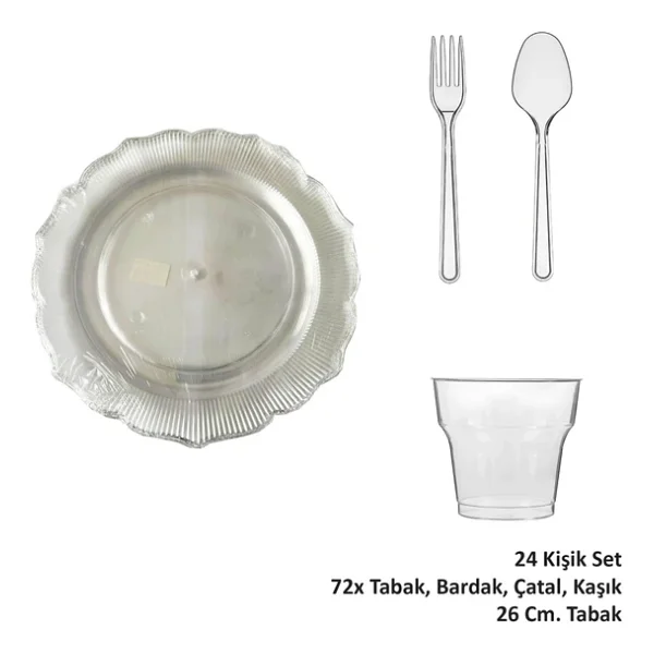 Omeyva 26 Cm. Plastik Mika Şeffaf Sorfa Piknik Seti - 72 Kişilik Tabak Bardak Çatal Kaşık Takımı - Görsel 4
