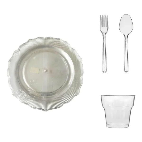 Omeyva 26 Cm. Plastik Mika Şeffaf Sorfa Piknik Seti - 72 Kişilik Tabak Bardak Çatal Kaşık Takımı - Görsel 3