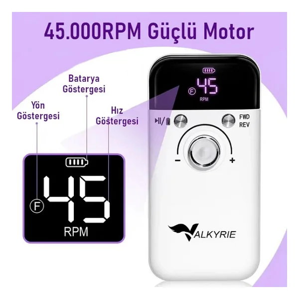 Valkyrie Profesyonel Şarjlı Tırnak Frezesi 45.000 Rpm, Lcd, 2000 mAh Taşınabilir Manikür Pedikür Makinesi - Görsel 5