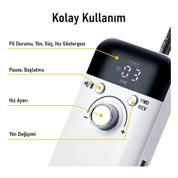 Valkyrie Profesyonel Şarjlı Tırnak Frezesi 45.000 Rpm, Lcd, 2000 mAh Taşınabilir Manikür Pedikür Makinesi - Görsel 8