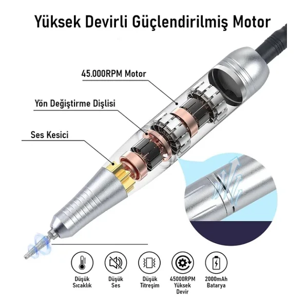 Valkyrie Profesyonel Şarjlı Tırnak Frezesi 45.000 Rpm, Lcd, 2000 mAh Taşınabilir Manikür Pedikür Makinesi - Görsel 4