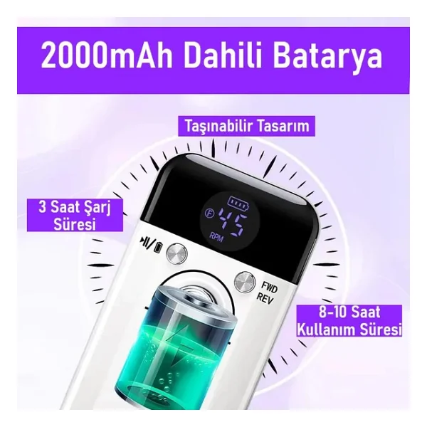 Valkyrie Profesyonel Şarjlı Tırnak Frezesi 45.000 Rpm, Lcd, 2000 mAh Taşınabilir Manikür Pedikür Makinesi - Görsel 7