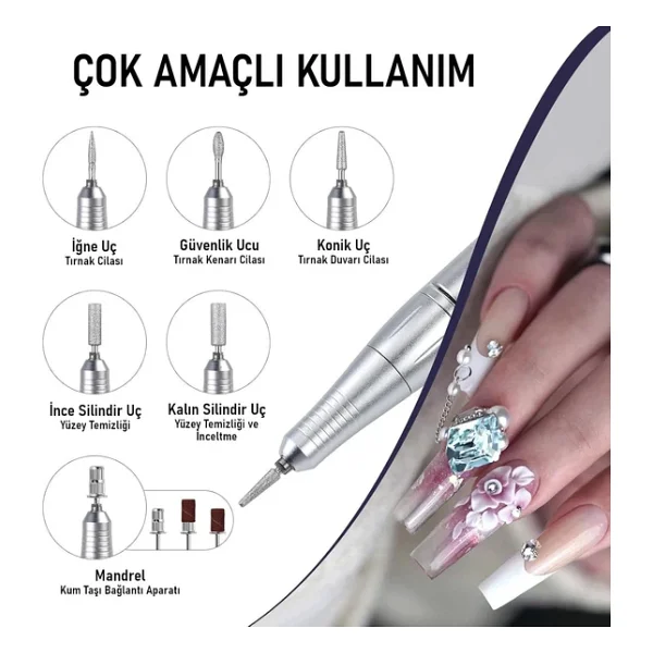 Valkyrie Profesyonel Şarjlı Tırnak Frezesi 45.000 Rpm, Lcd, 2000 mAh Taşınabilir Manikür Pedikür Makinesi - Görsel 6