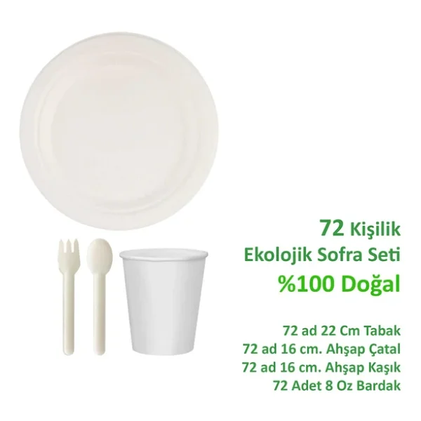 Ekolojik 22 Cm. 72 Kişilik Parti Piknik Sofra Sunum Seti - Doğal Tabak Bardak Çatal Kaşık Takımı - Görsel 2