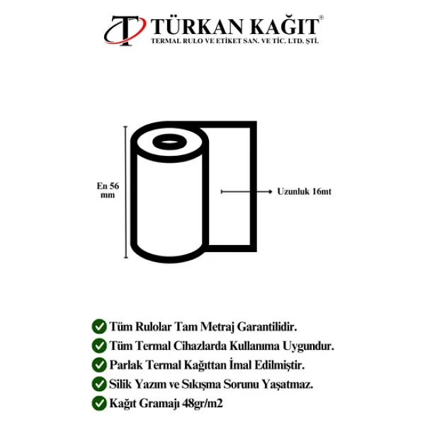56x16 Termal Rulo - Yazarkasa Pos Rulosu 5 Paket 50 Adet - Görsel 2