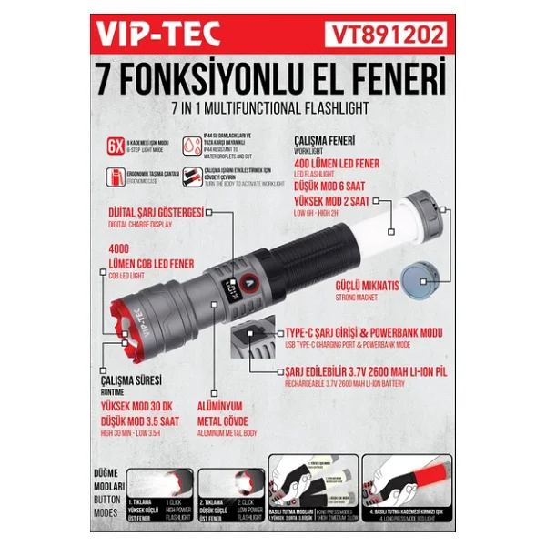 Vip-Tec Vt891202 7 Fonksiyonlu 4000 Lümen Alüminyum Gövde El Feneri - Görsel 3