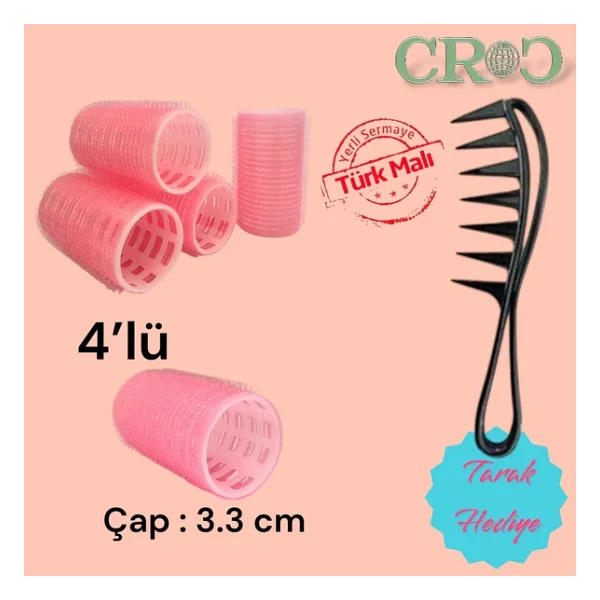 Croc 4lü Küçük Boy Plastik Bigudi Pembe Cb21 - Cırtlı Yapışkanlı Saç Bigudisi - Görsel 5