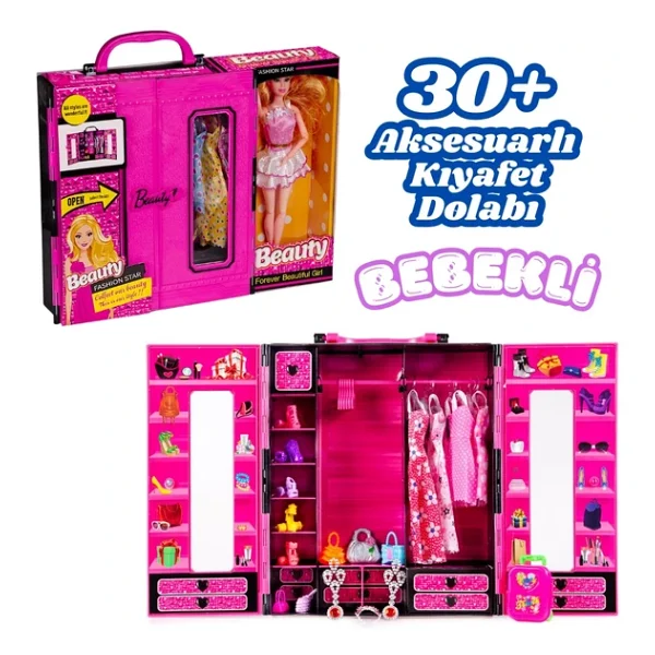 Beauty Aksesuarlı Bebekli Gardırop - Barbie Dolap - Barbie Giysi Dolabı - Barbie Gardırop - Gardrop - Görsel 3