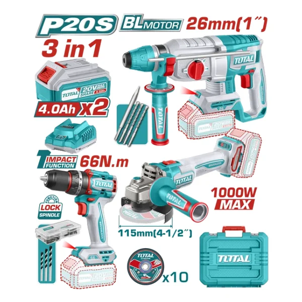 Total Tools Toslı241198e Kırıcı-Delici + Matkap + Taşlama Elektrikli El Aletleri Seti - Görsel 2