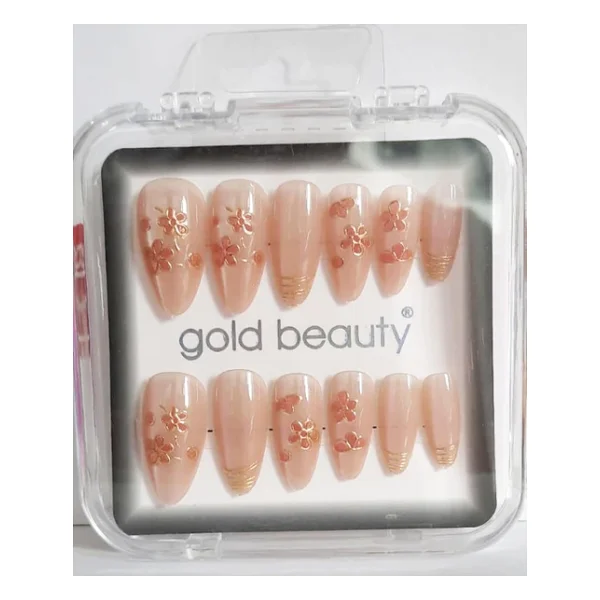Gold Beauty Kedi Gözü Takma Tırnak 12 Li Ep-1527 - 20 Ten Çiçek Desenli - Görsel 3